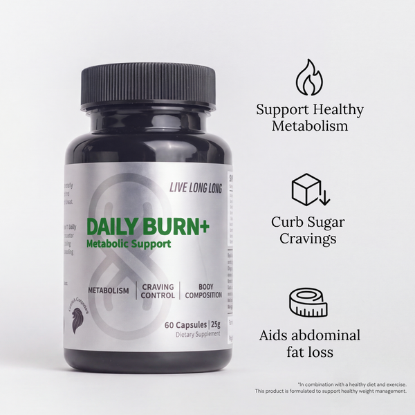 Daily Burn+ bottle with its three benefits