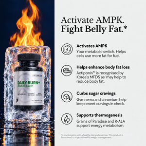 Daily Burn+ in ice under flames, with four benefits